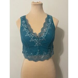 Rhonda Shear Teal Lace Trim Bralette Crop Sports Bray Athletic Top L G
